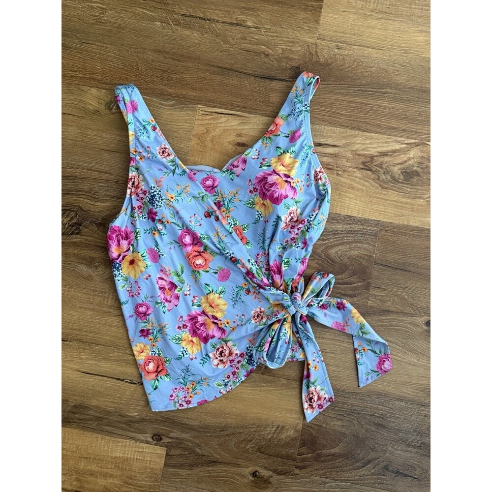 Lands End Blue Floral Side Tie Tankini Top Pinks Coral Flattering 16 W Slimming - Picture 2 of 4
